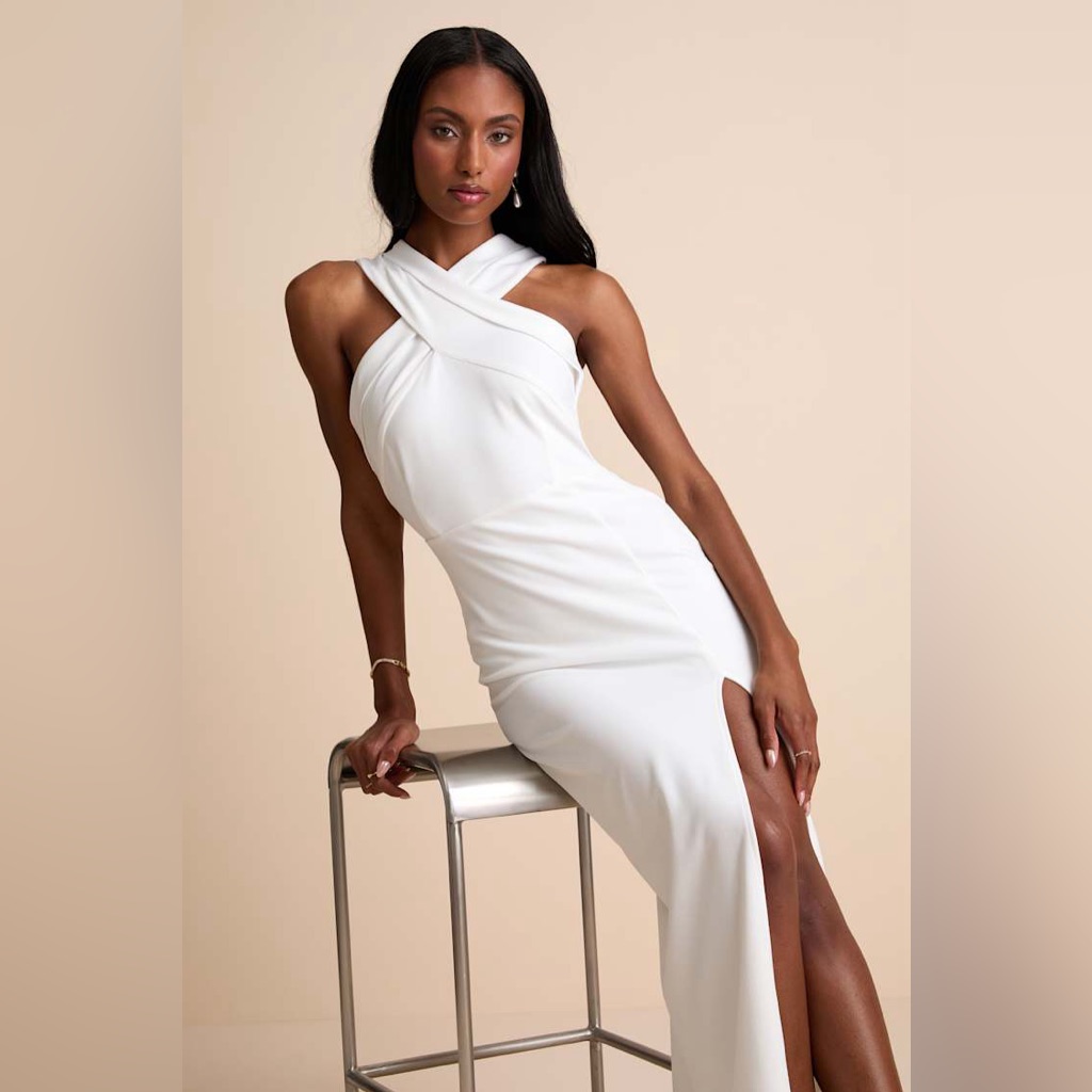 (Nwt) Lulus Head To Cocktail Hour White Halter Wrap Neck Maxi Dress. Size Xxl